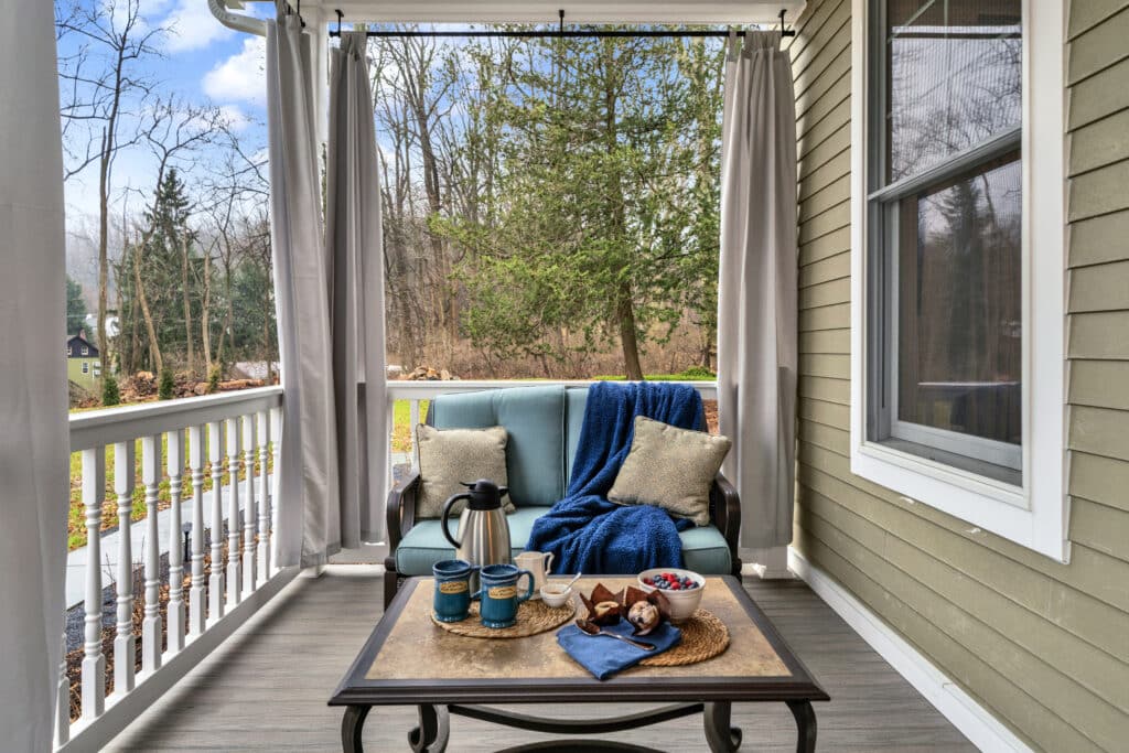 Best Reasons to Elope in PA at our Small Wedding Venue 7 Enjoy morning coffee on The private porch in the Walnut Suite at the South Mountain Inn. One of the best places to elope in PA.